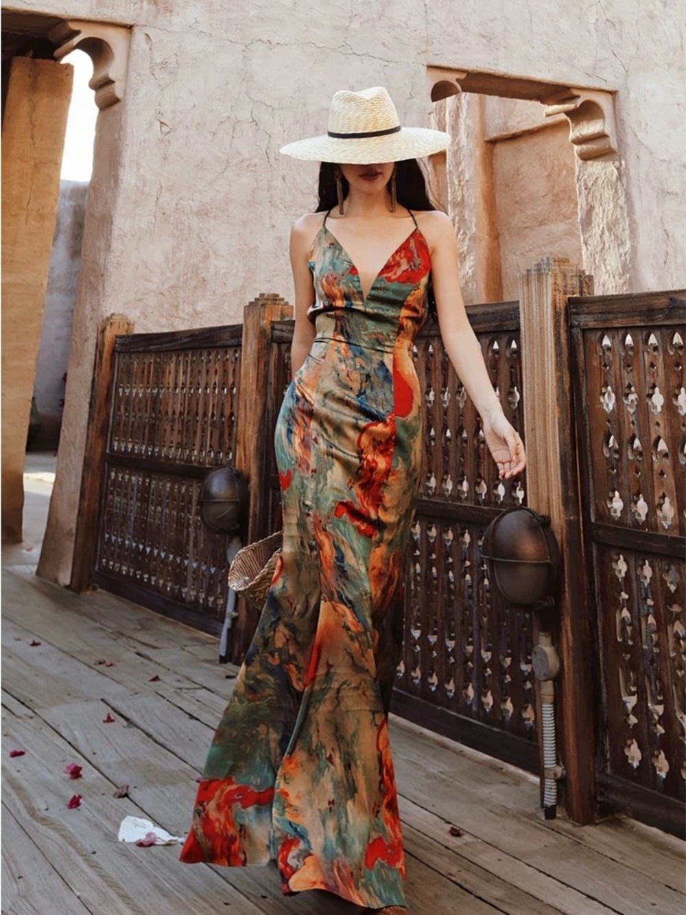 Printed Satin Backless Mermaid Maxi Dress Lace Up Vacation Evening S